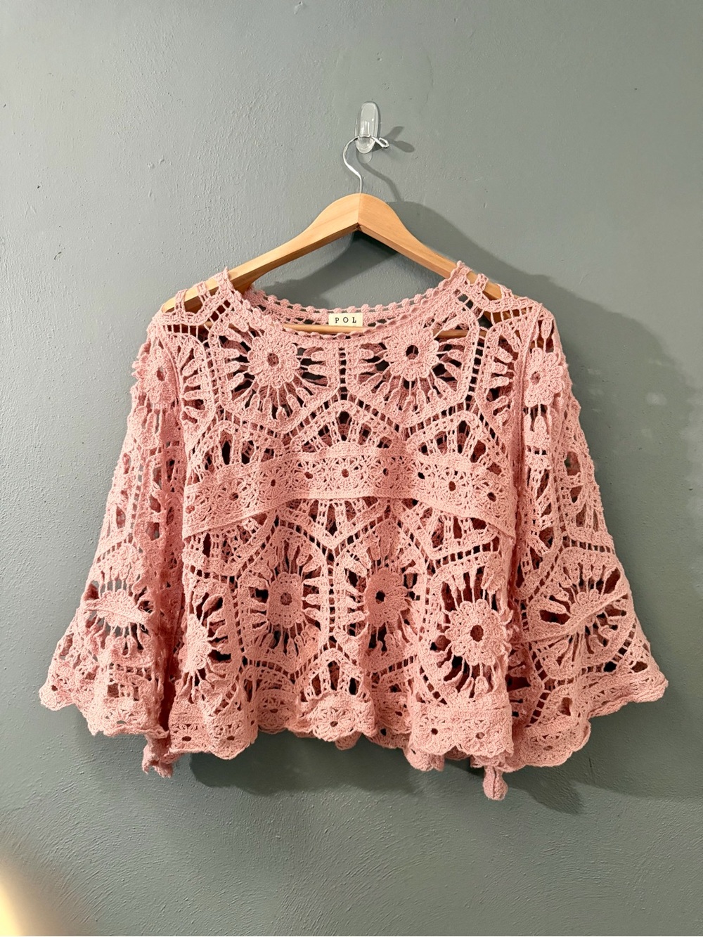POL Pink Crochet Lace Bell-Sleeve Tunic